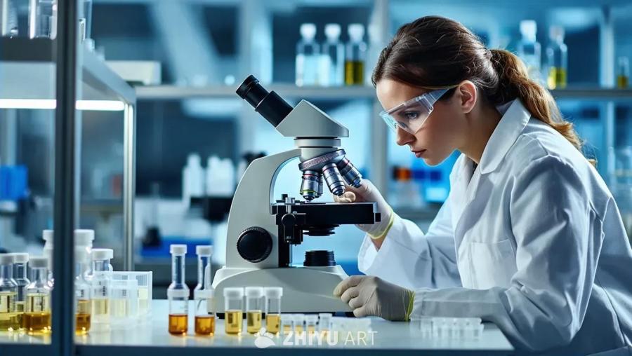 一位女性科学家穿着白色实验服和护目镜，正使用显微镜