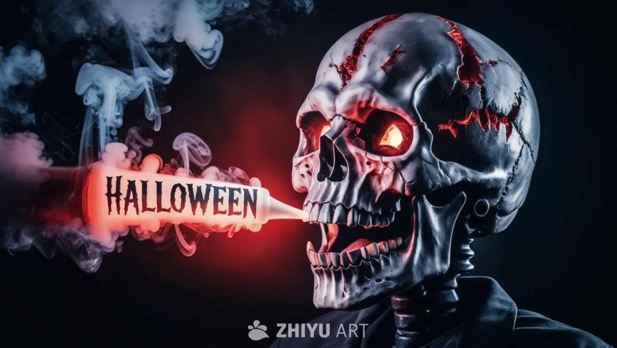 一个骷髅头形状的万圣节南瓜灯，内部发出红光，浓厚的