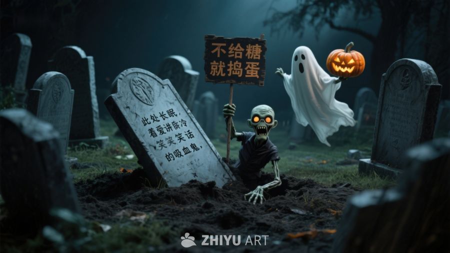 墓地万圣节场景：骷髅与幽灵的搞笑互动