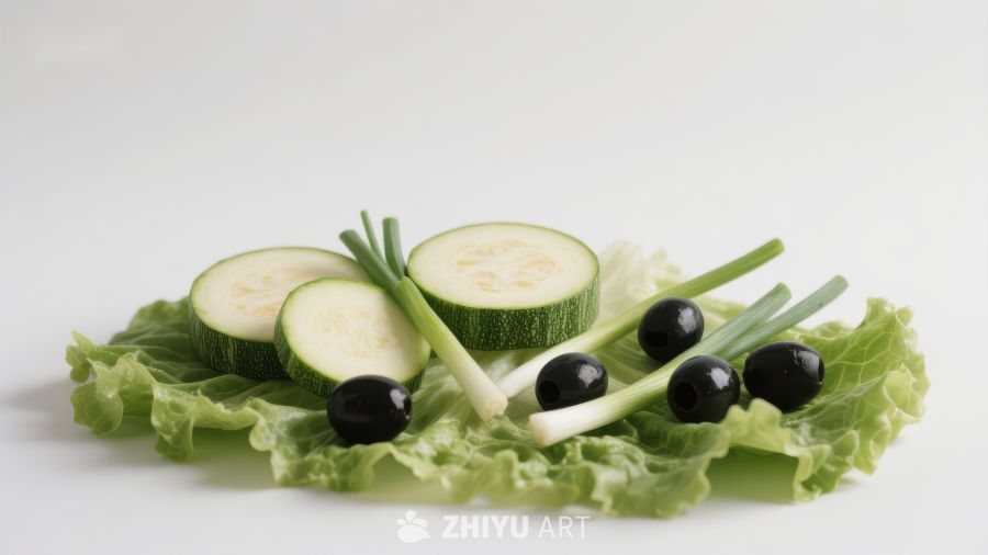 新鲜蔬菜拼盘：黄瓜、橄榄与生菜