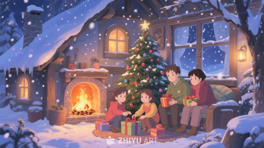 雪夜温馨圣诞树前家庭聚会 424