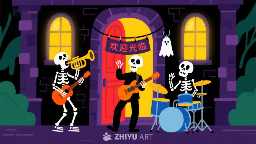 骷髅乐队在万圣节门前表演