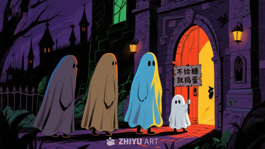 万圣节夜晚，小鬼们在门前讨糖