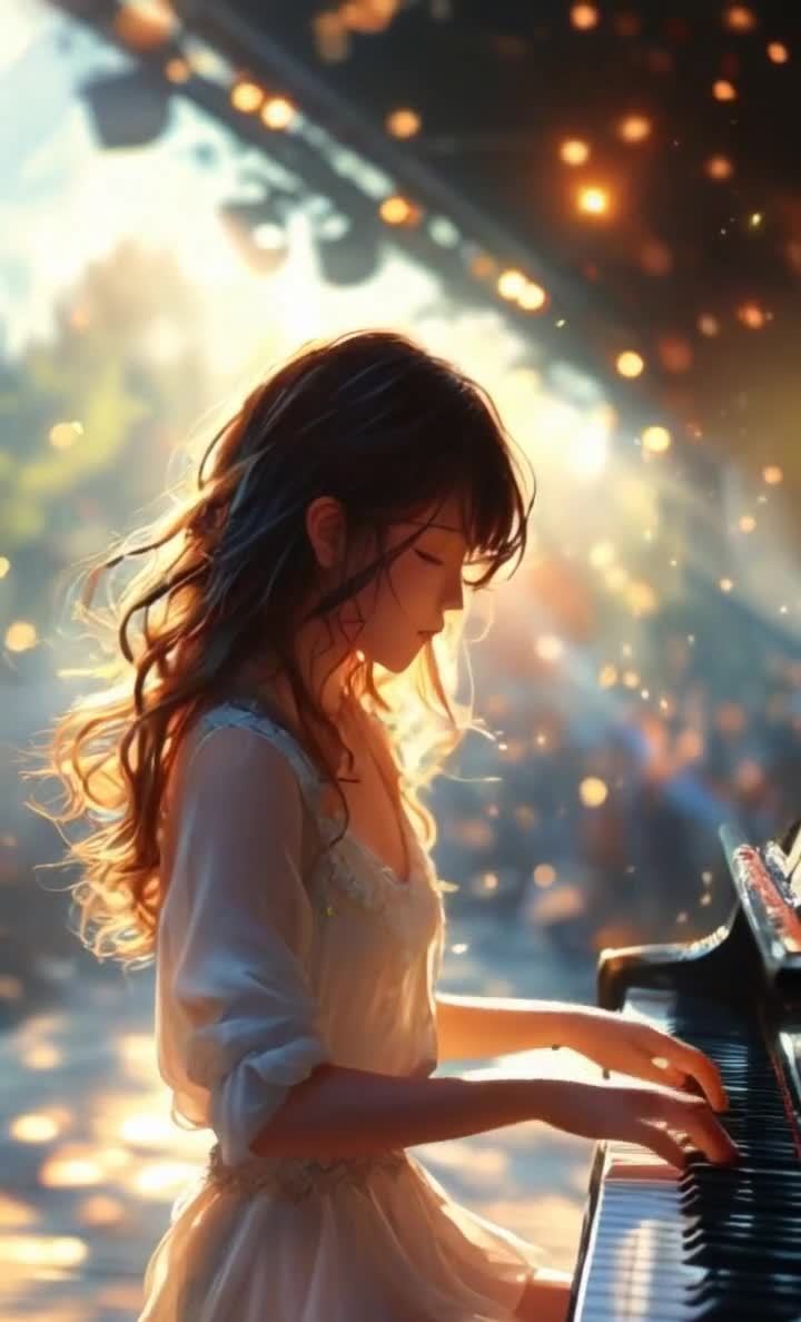 户外光影中弹钢琴的白裙少女