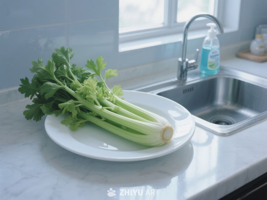 新鲜芹菜置于厨房水槽旁的盘中 478