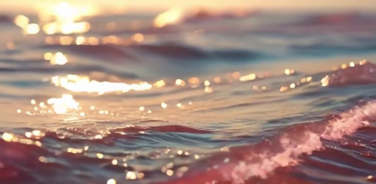 粉蓝水面波光粼粼，夕阳下海浪泛着金红色光芒。