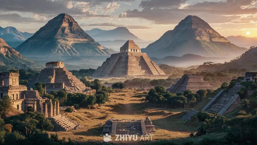 古代景观的全景，背景是高耸的山脉，形似倒下的巨人，