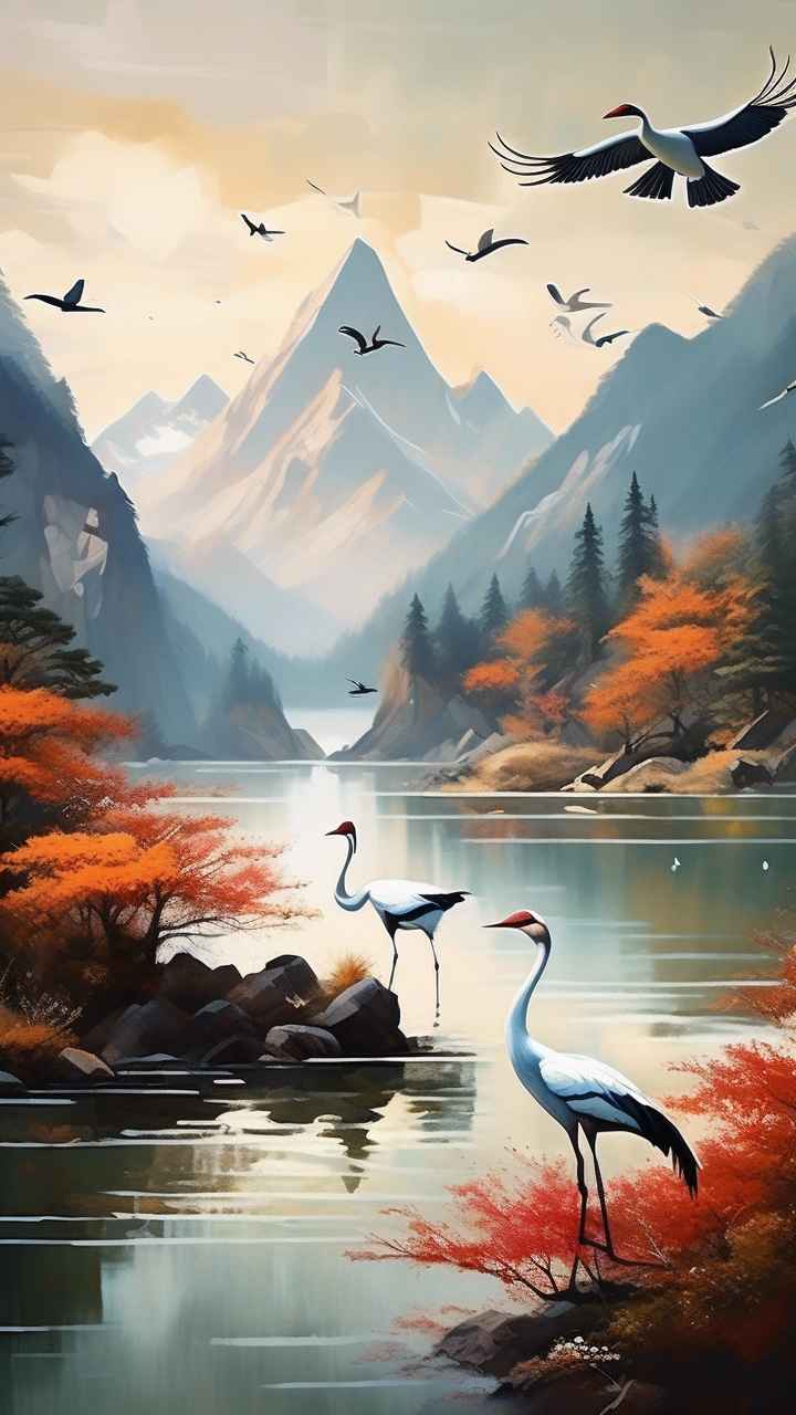 国风山水鹤插画背景 25