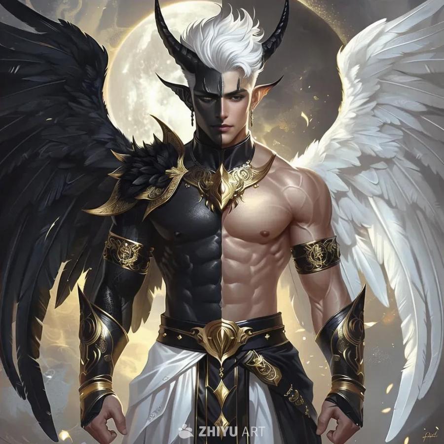 画面中呈现一个半黑半白的男性恶魔，他拥有天使般的外