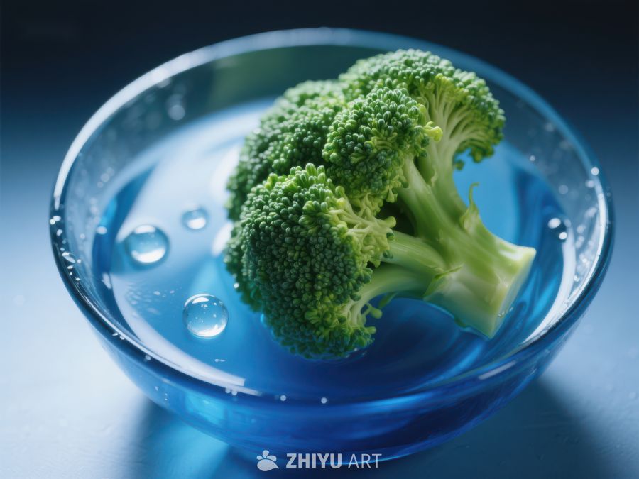新鲜西兰花浸泡在透明碗中 726