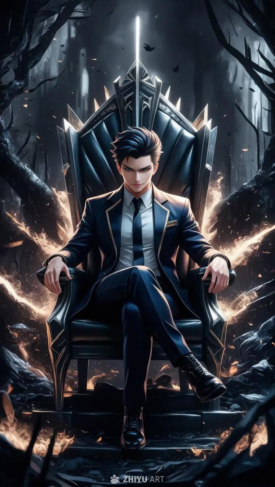 一个穿着西装的动漫男子坐在一个王座上，背景是黑暗的