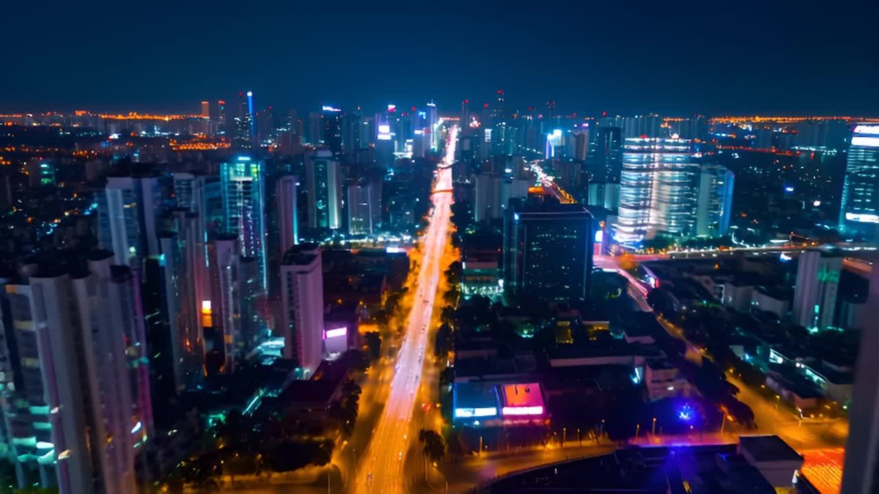 夜晚，城市灯火辉煌，街道上车辆行驶，霓虹灯闪烁。众