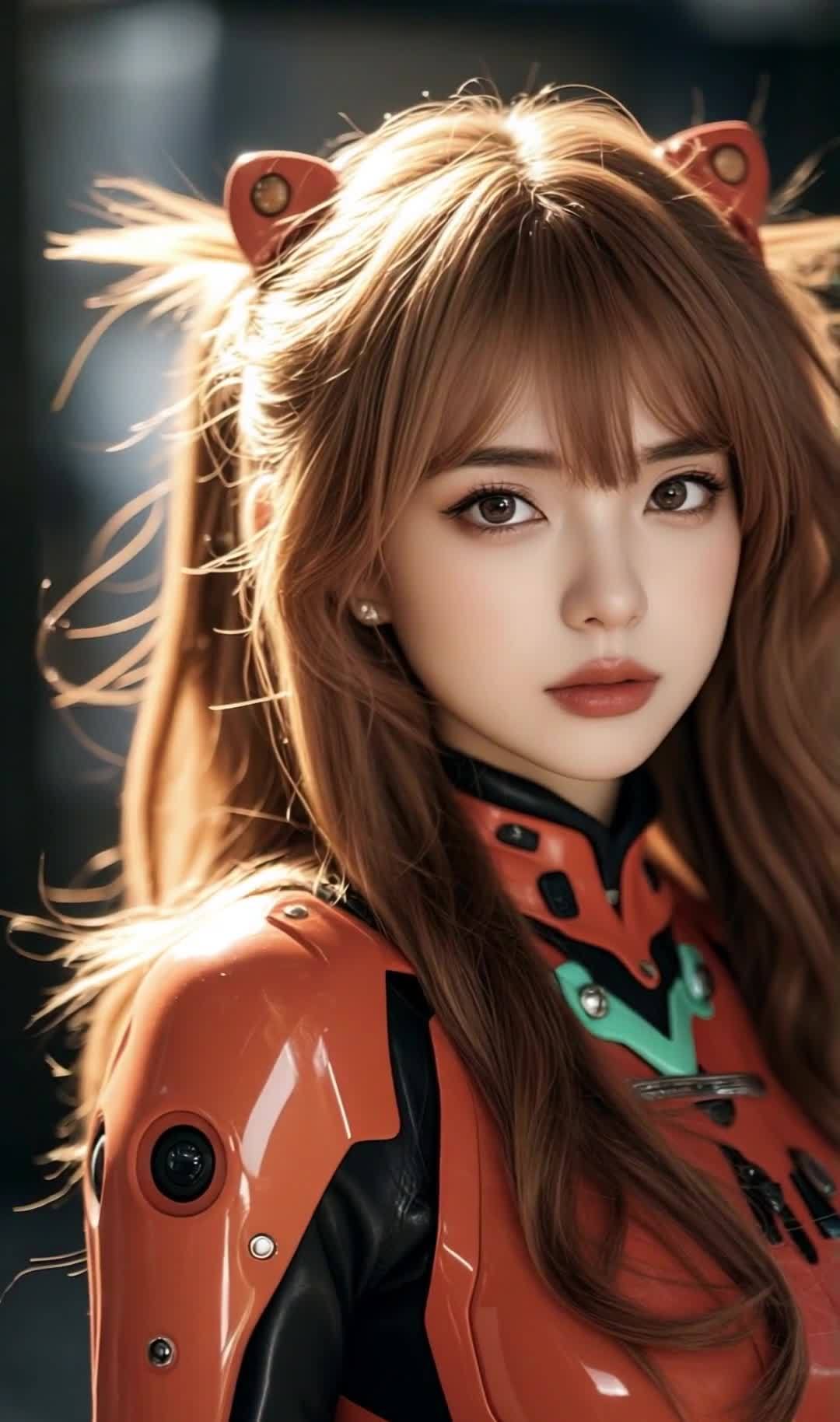 棕发女孩身穿橙色服装，直视镜头特写照