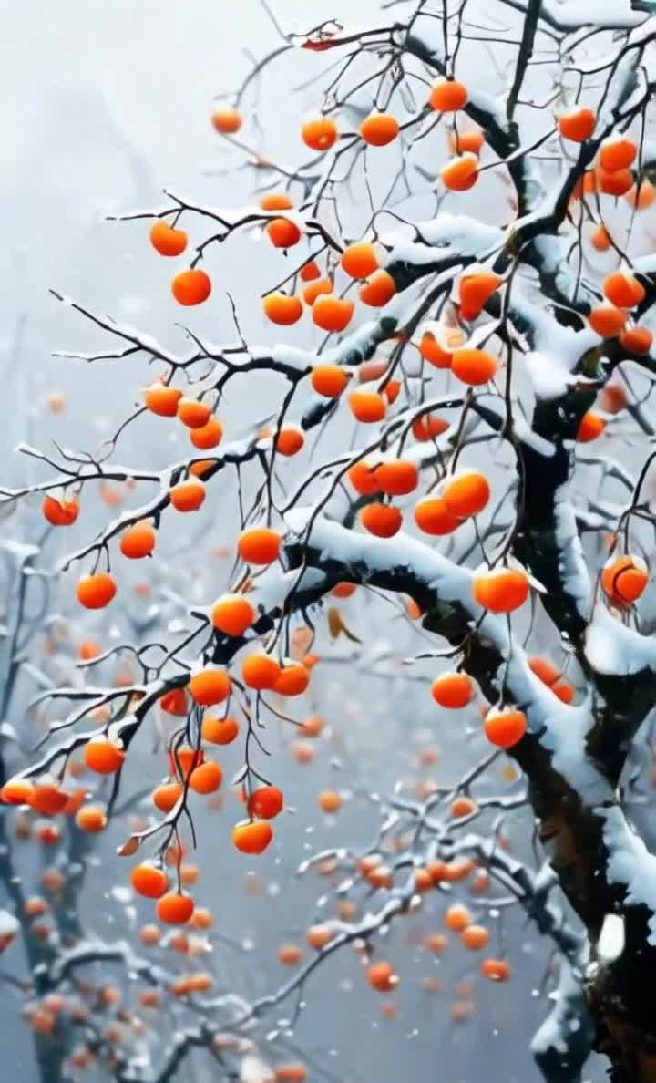 雪中柿子树，橙果与雪花的唯美景象。