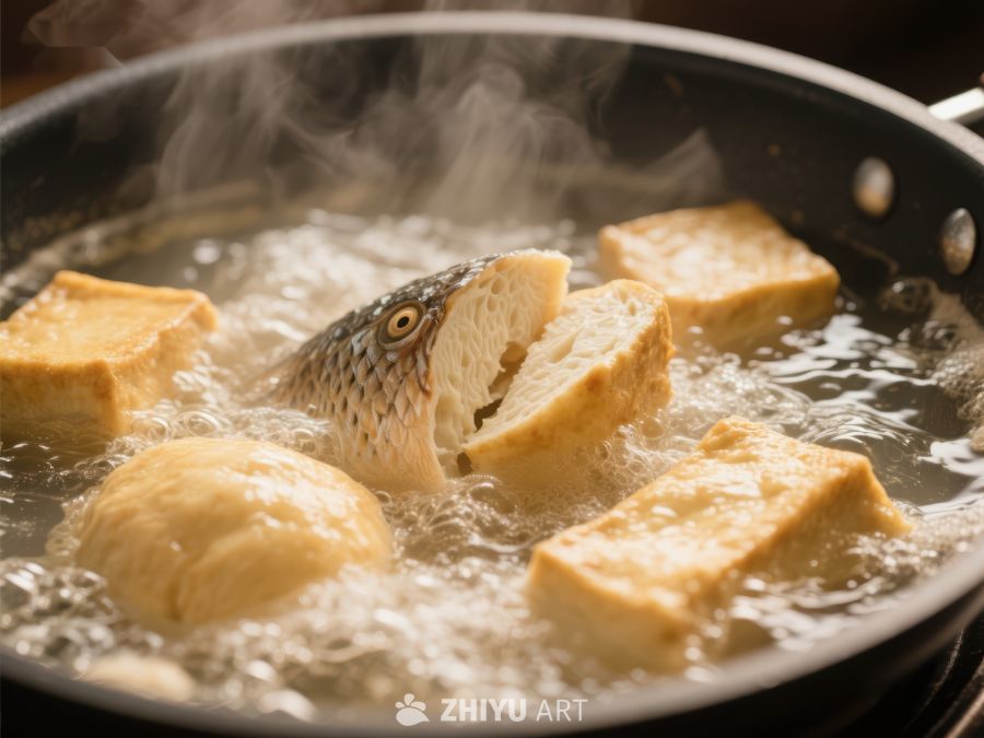 豆腐与鱼头在锅中炖煮 75