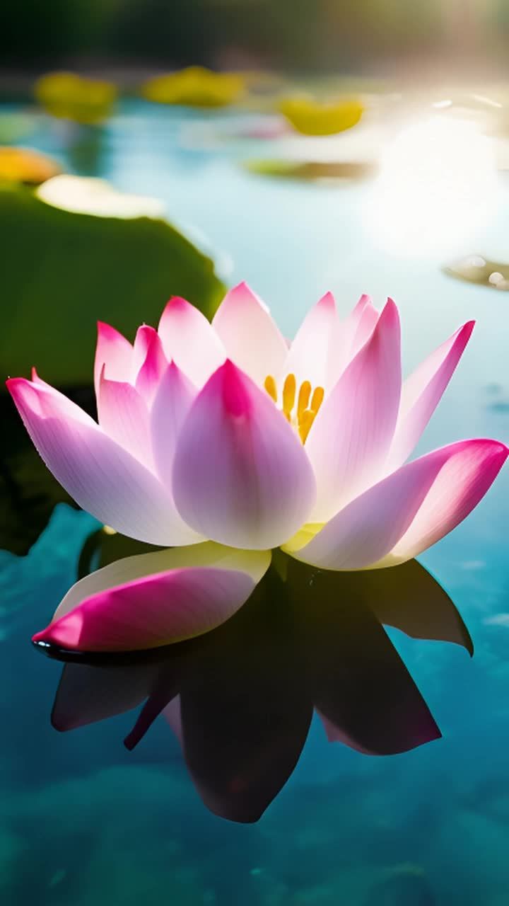 一朵美丽的荷花优雅地漂浮在宁静的池塘中。水面清澈见