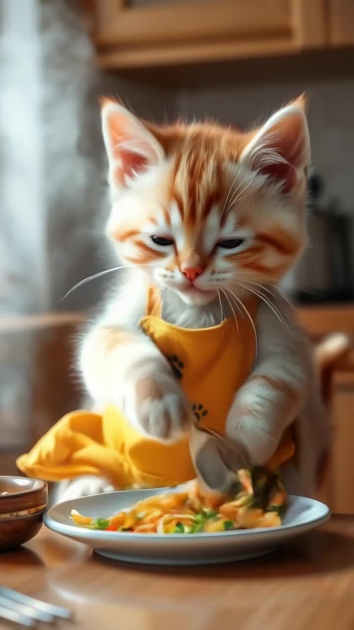 一只毛色浅淡且明亮的小猫，穿着黄色爪印图案的围裙，