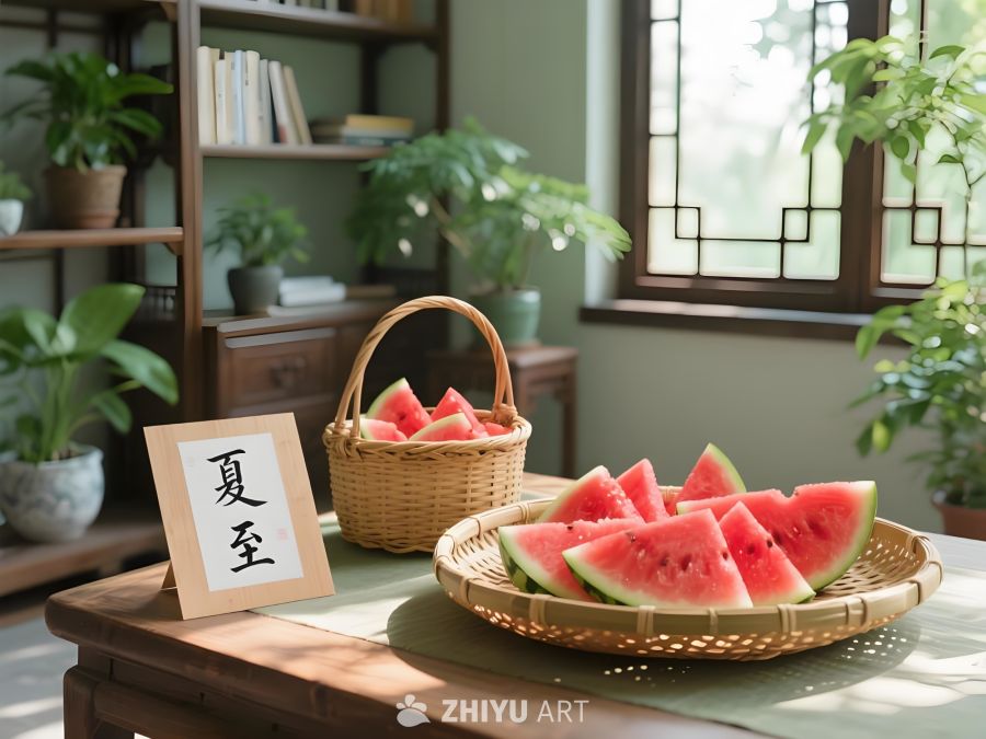 清新自然风中式雅致室内场景桌上摆放书法牌搭配竹篮竹盘盛着西瓜