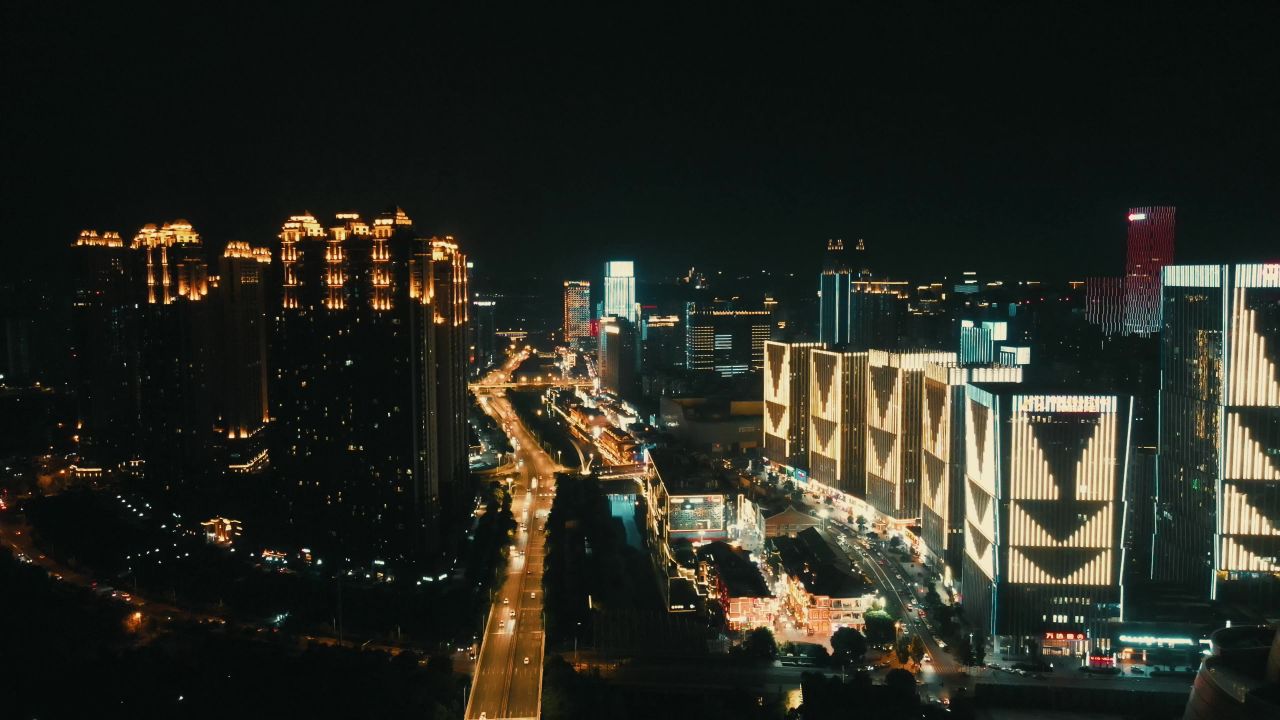 湖北武汉楚河汉界夜景灯光航拍