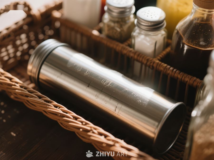 厨房篮中不锈钢量杯与调味品 30