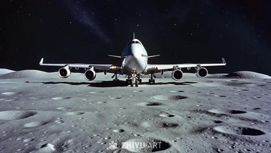 一架波音747飞机停留在月球表面。月球表面布满了陨