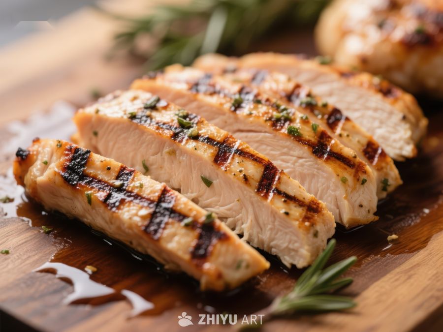 烤鸡胸肉切片，撒上香草