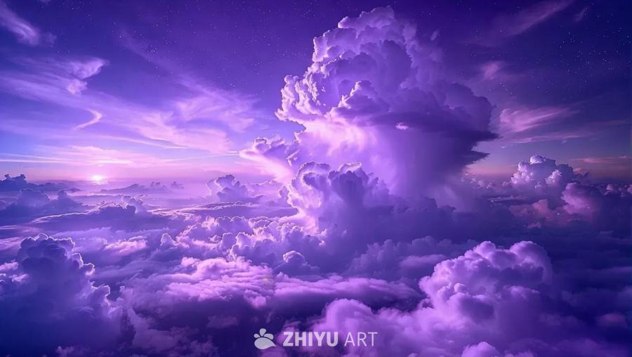 紫色天空漂浮着云朵，远处可见太阳，天空上方点缀着星