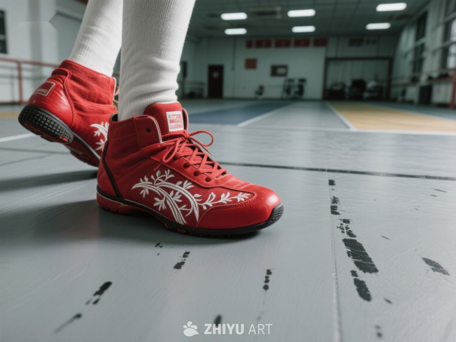 红色拳击鞋在体育馆地板上 78