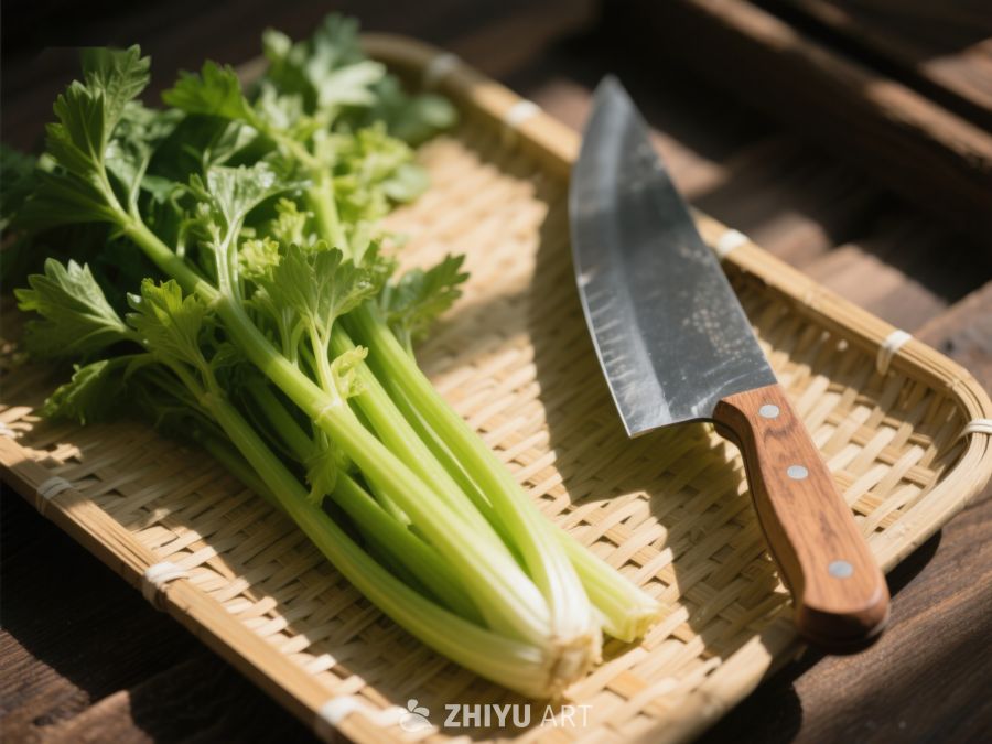 芹菜与刀置于竹篮中 336