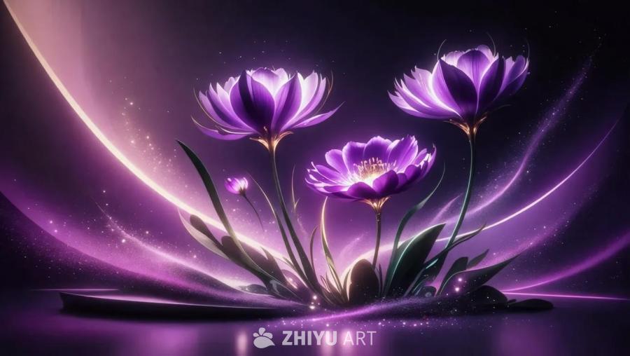 紫色渐变背景上，绽放着紫色的花朵，花朵周围环绕着闪