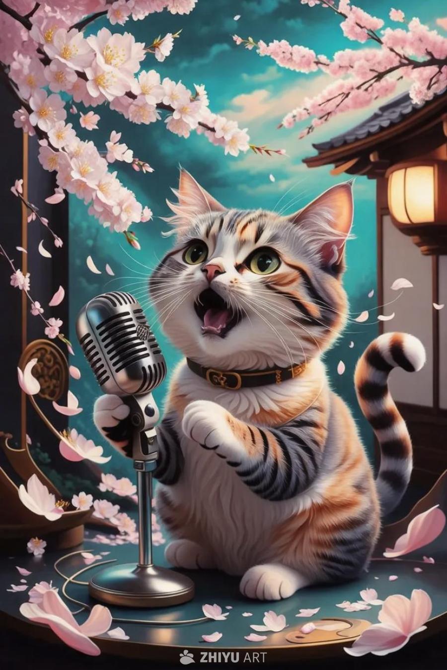 一只猫举着老式麦克风，嘴巴张开，像是在唱歌。猫戴着