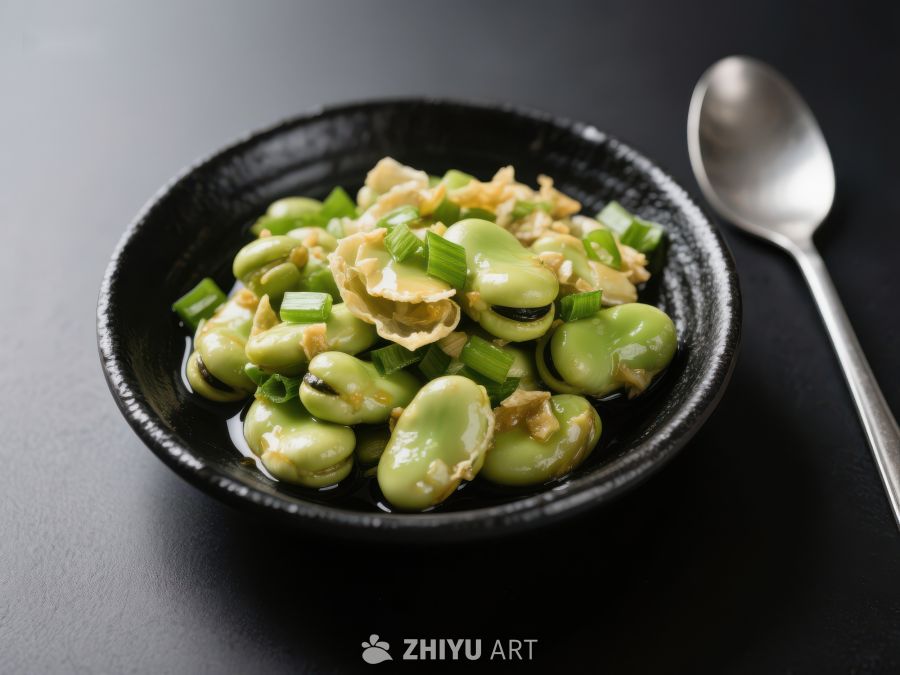 青豆炒蒜片，黑碗盛装 679