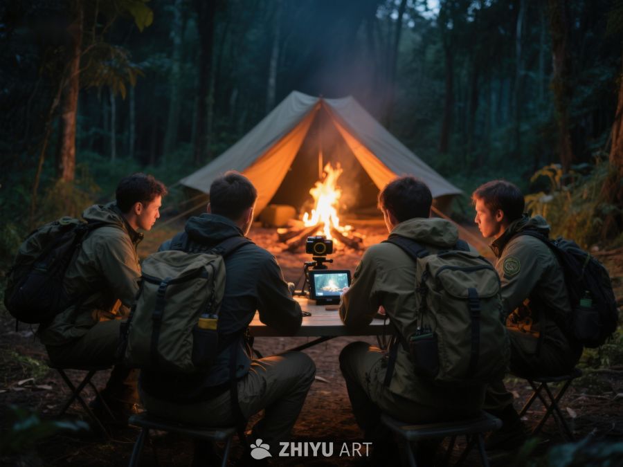 夜晚森林中围坐篝火的探险者 493