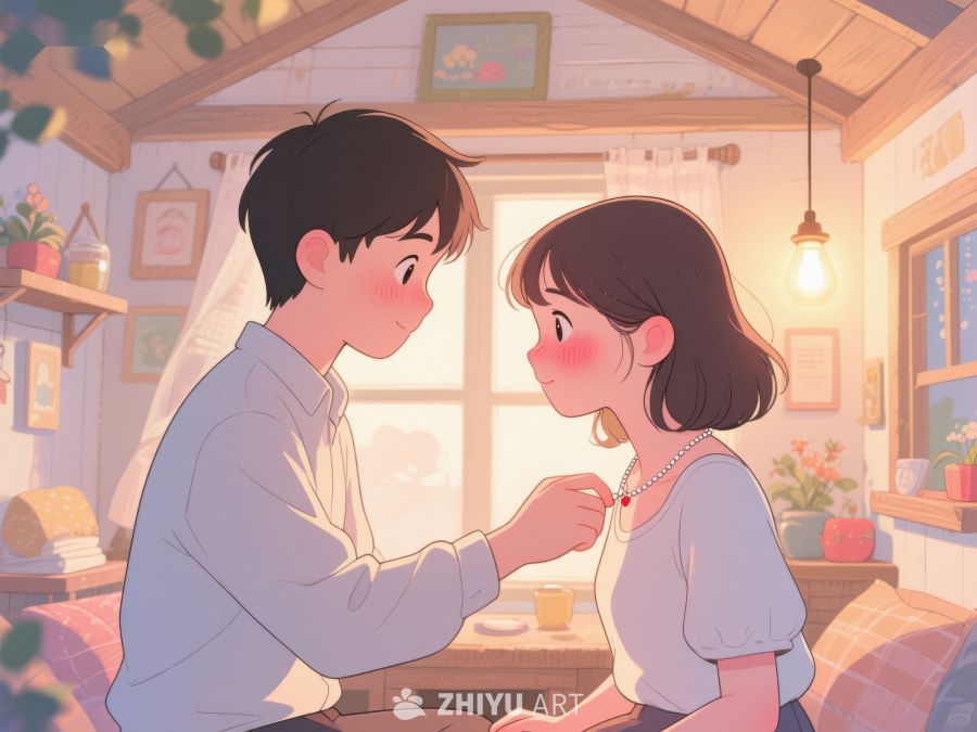 温馨室内，男孩为女孩佩戴项链 798