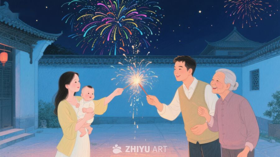 家庭夜景烟花庆祝 585