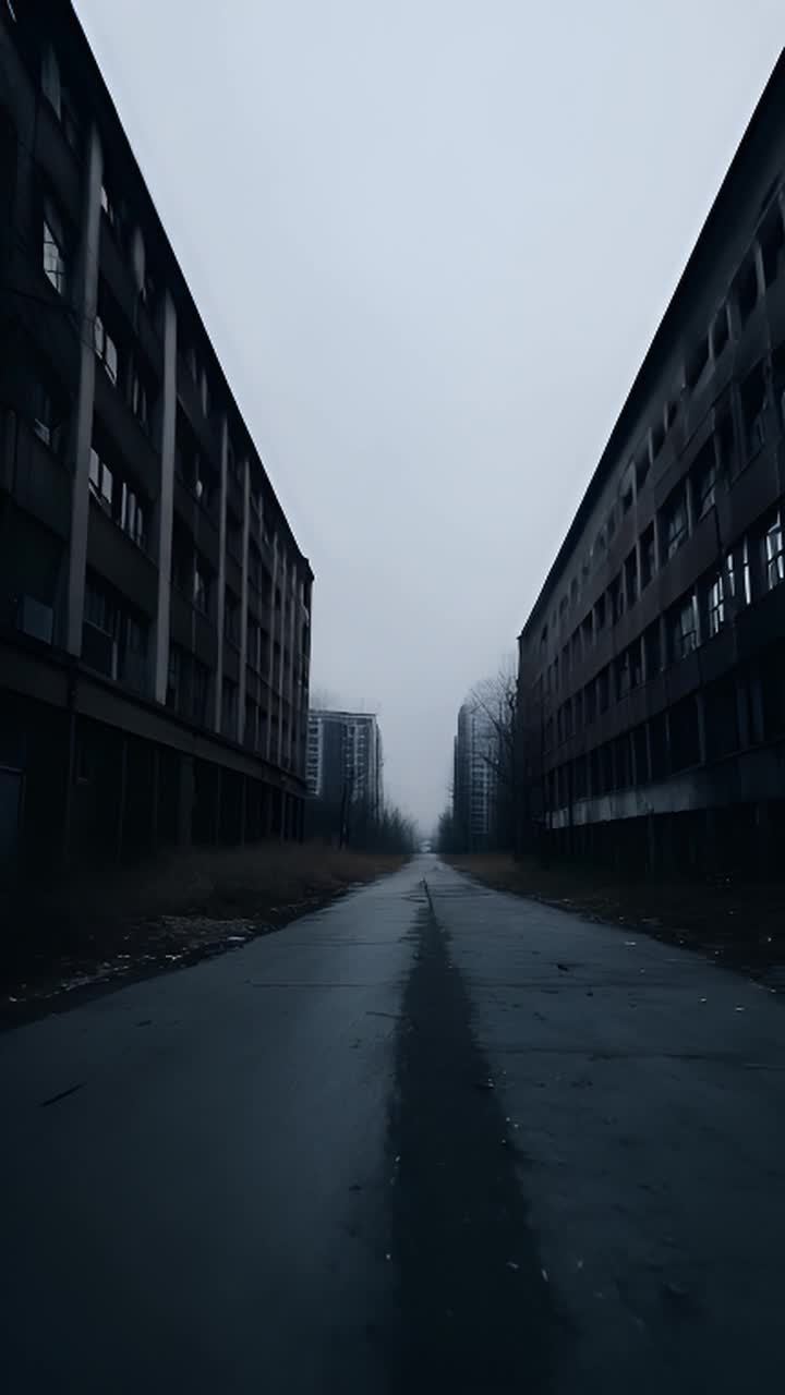 荒凉的城市街道，灰暗的天空和道路。从低角度拍摄，强