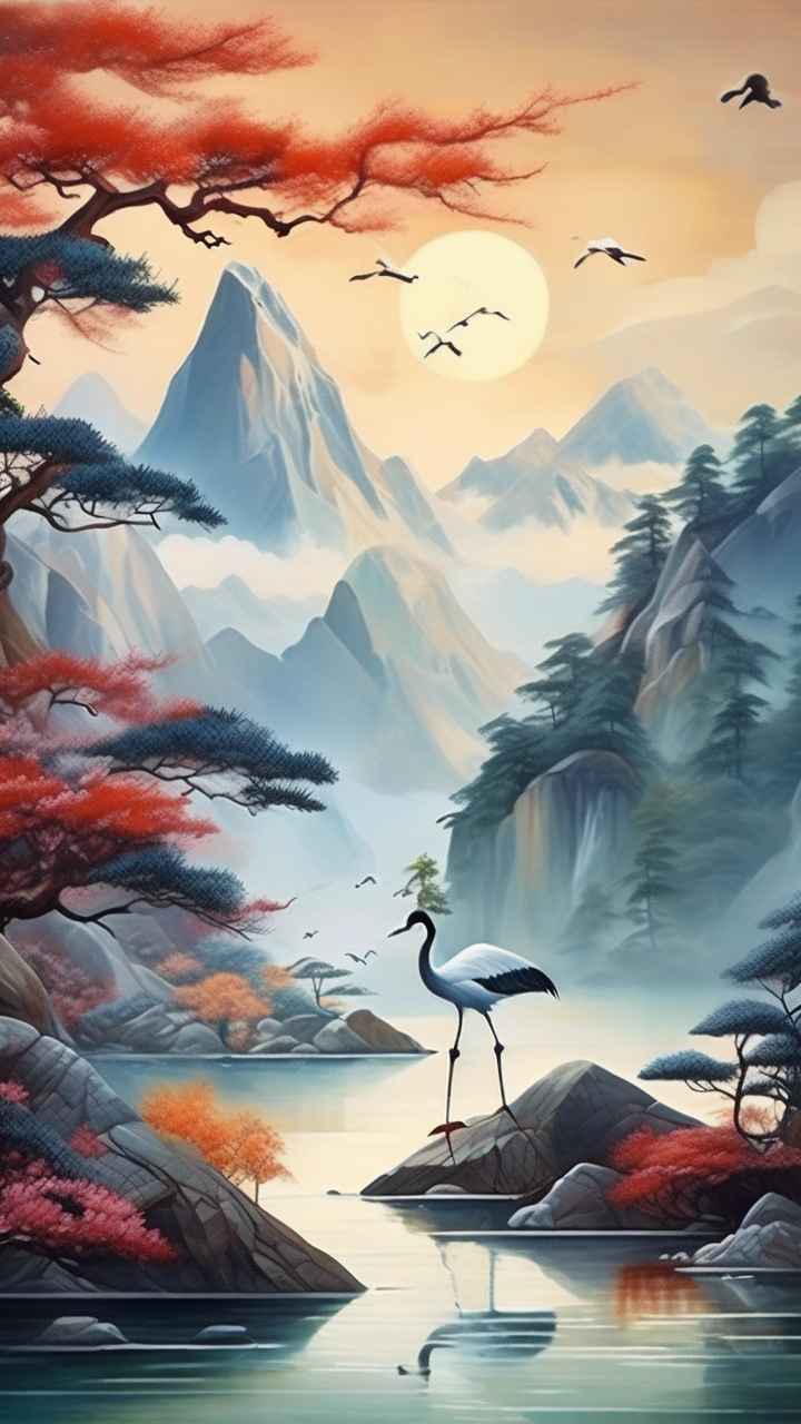 国风山水鹤插画背景 91