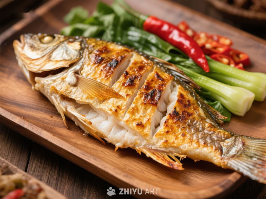 香煎鱼配青菜与红椒 782