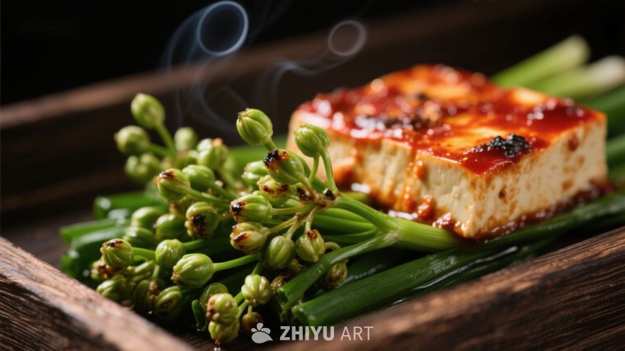 香辣豆腐配青蒜，热气腾腾
