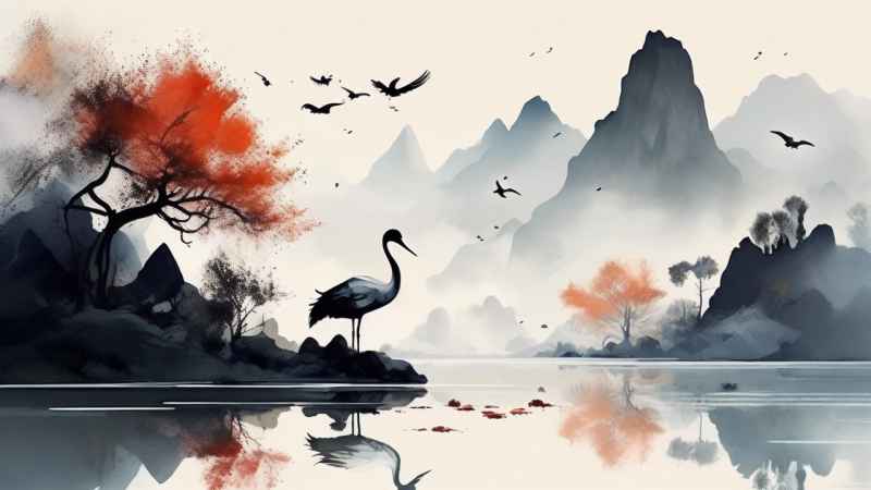 国风山水鹤插画背景 43