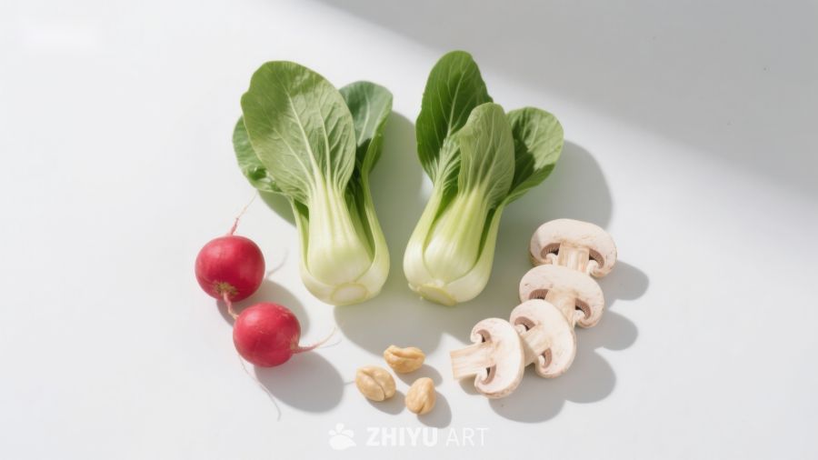 新鲜蔬菜与菌菇静物摆拍