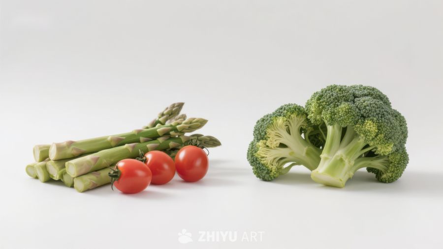新鲜蔬菜：西兰花、芦笋与樱桃番茄