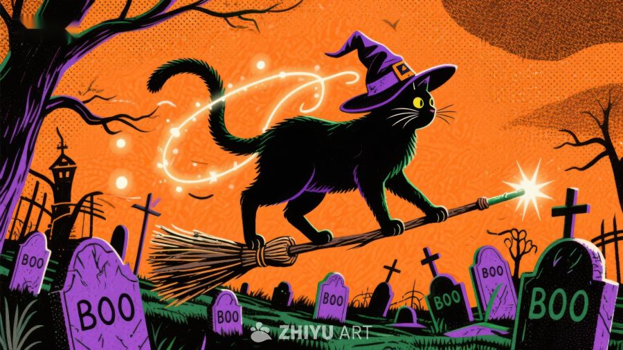 万圣夜猫巫骑帚飞墓园