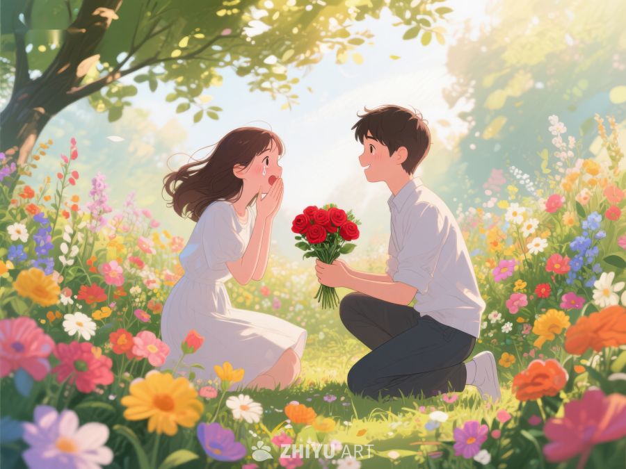 花丛中男子献花女子惊喜 301