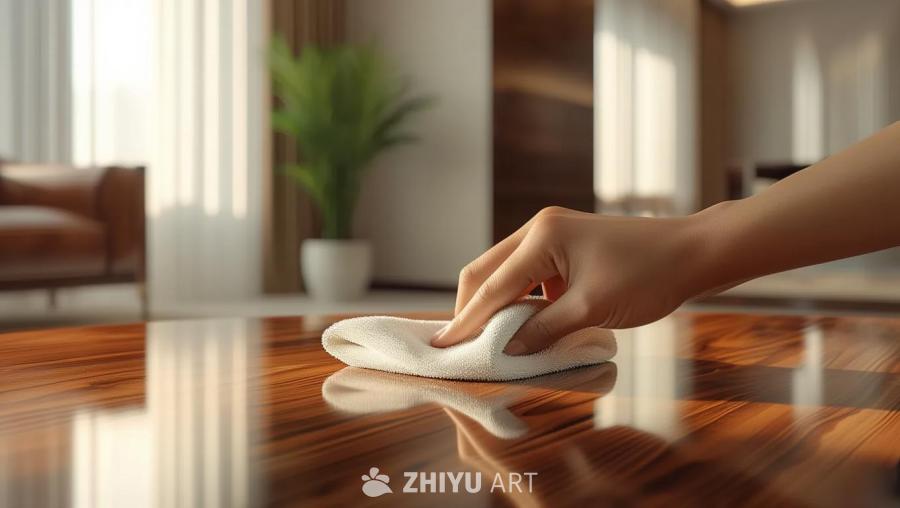 一只手拿着一块布正在擦拭现代住宅内的木制家具表面。