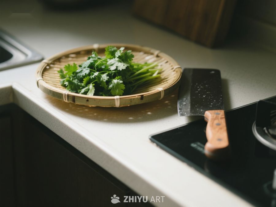 厨房台面上的香菜与菜刀 99
