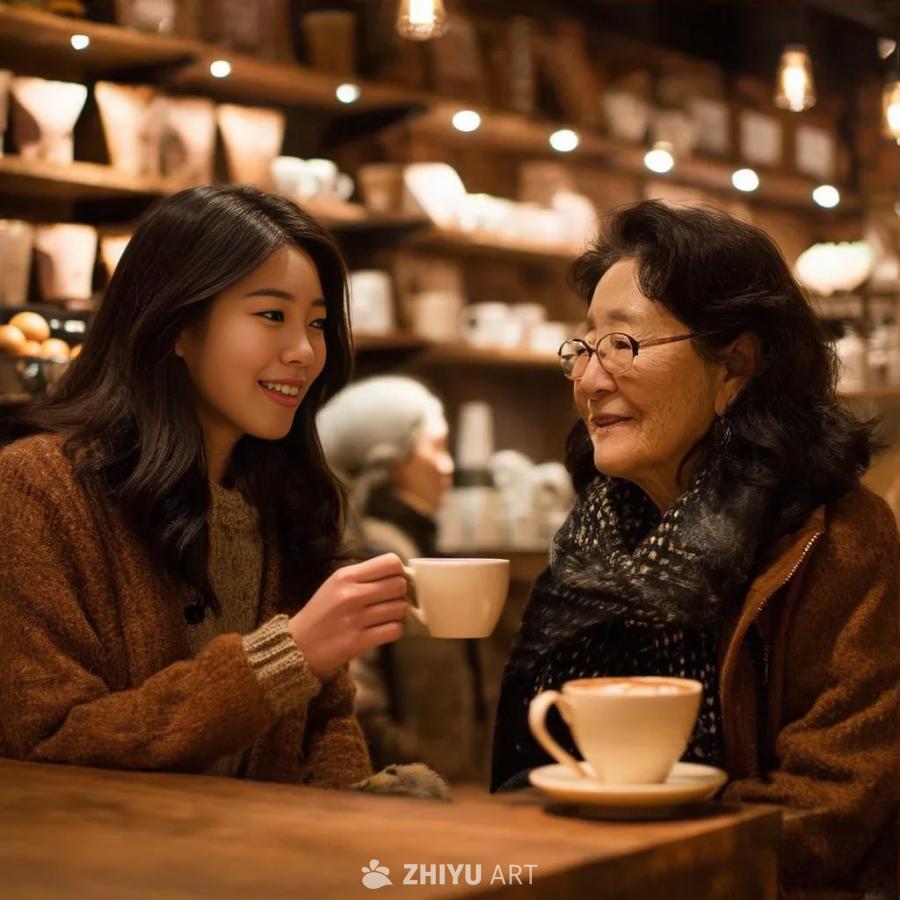 一间温暖的咖啡馆内，两位女性面对面坐在桌旁。年轻的