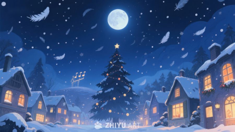 冬夜雪景中的圣诞树与温馨小屋 115