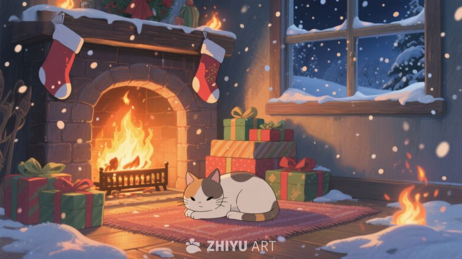 圣诞夜炉火旁的猫咪 223