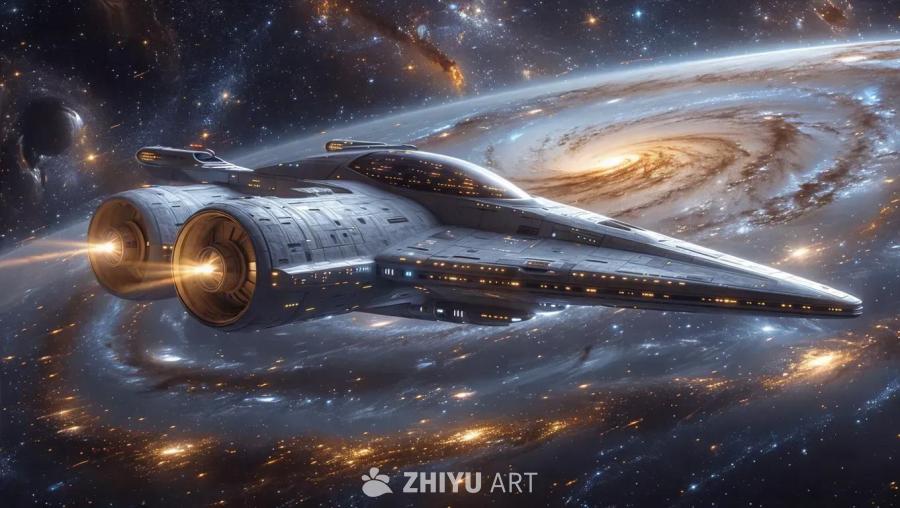 宇宙空间中，一架飞船正在航行。飞船的船体呈灰色，表